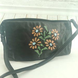 Preston & York Womens Black Leather Upcycled Handpainted Shoulder Baguette Bag